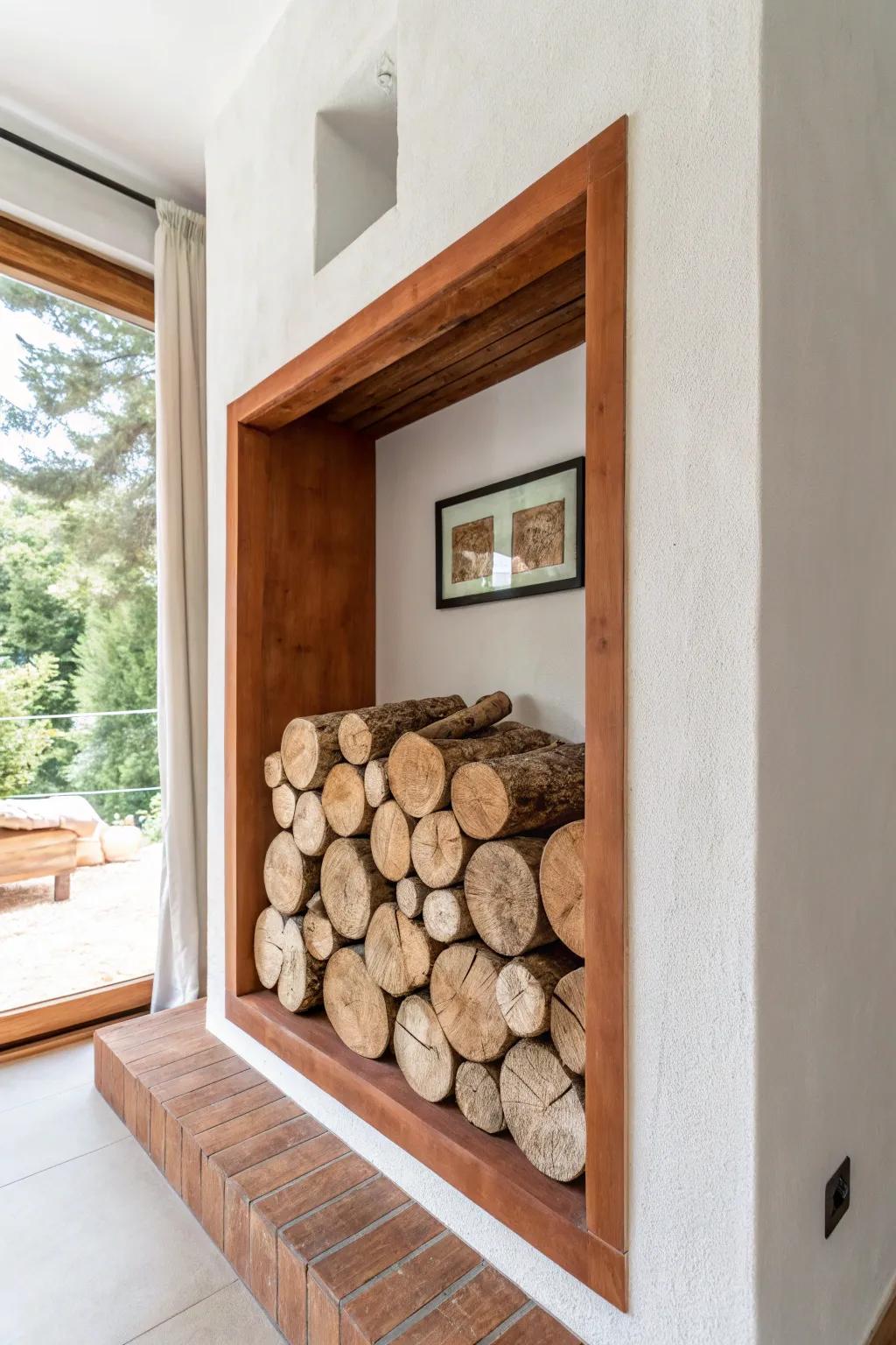 A recessed wall cubby turns stacked firewood into minimalist décor with bold, warm contrast.