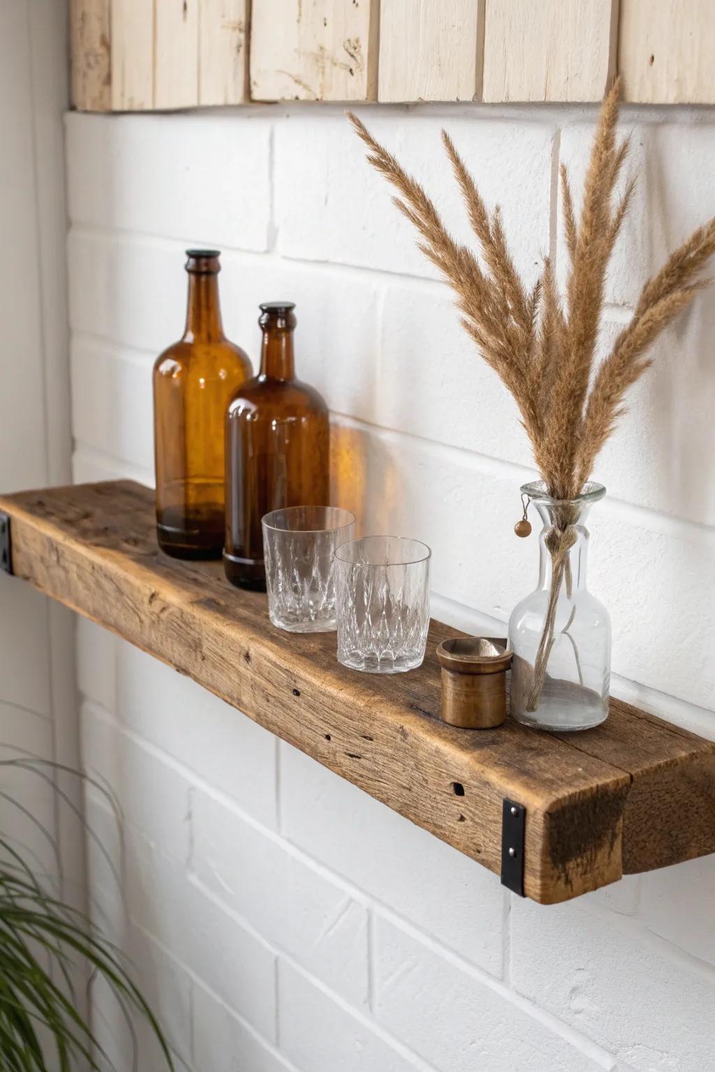 Rustic reclaimed wood floating shelf bar—sealed satin finish, bold terracotta, cozy minimal styling.