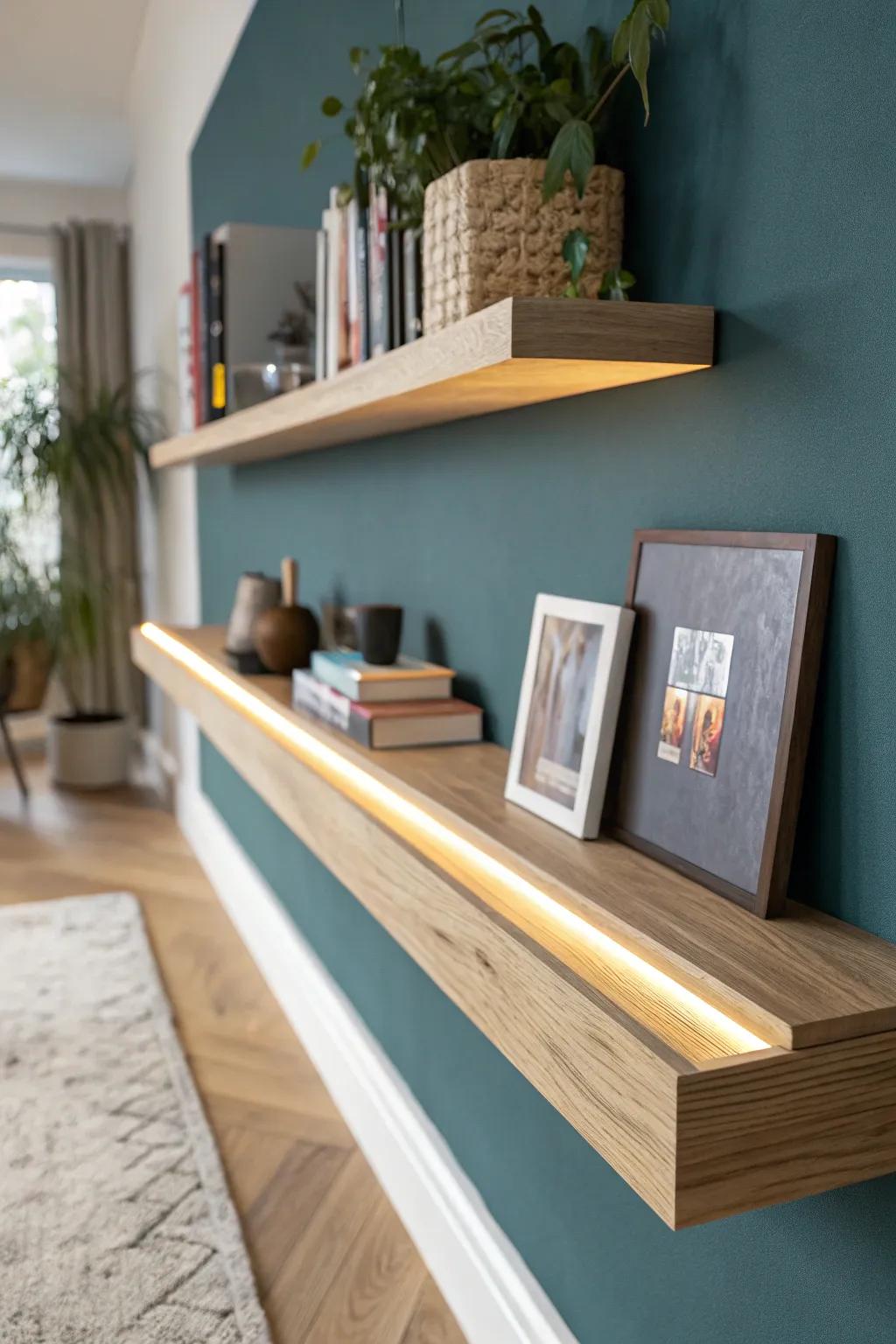 A front-lip hides an LED strip, creating a clean floating-shelf glow that feels gallery-ready.