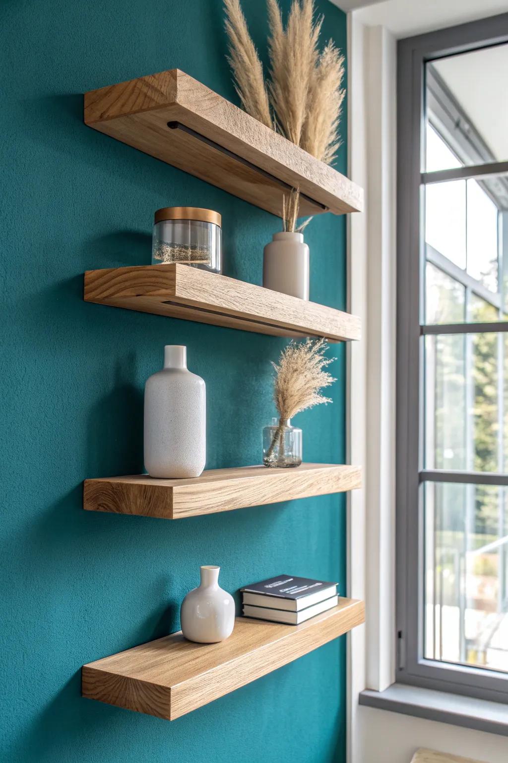 Staggered walnut floating shelves add modern movement and flexible storage to a calm office wall.