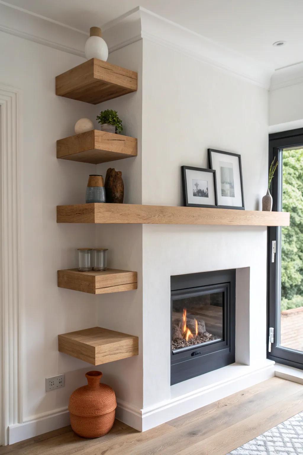 Three evenly spaced floating shelves beside the fireplace—simple, balanced, and beautifully crafted.