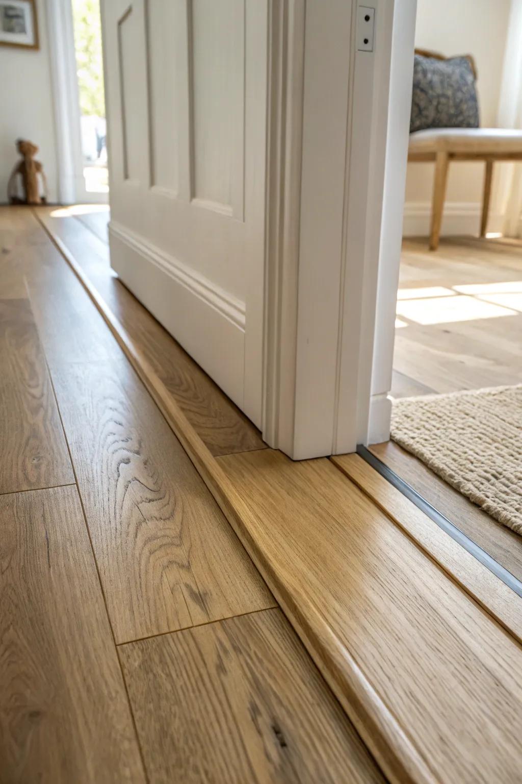 A color-matched wood threshold that blends into the floor for a clean, uninterrupted flow.