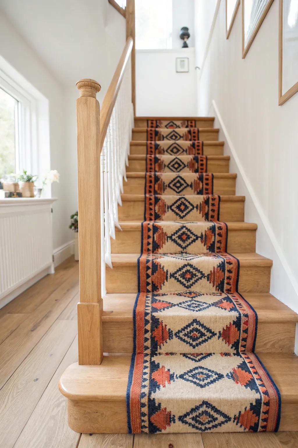 Warm oak stairs with a bold woven runner—soft underfoot, secure in socks, and chic.