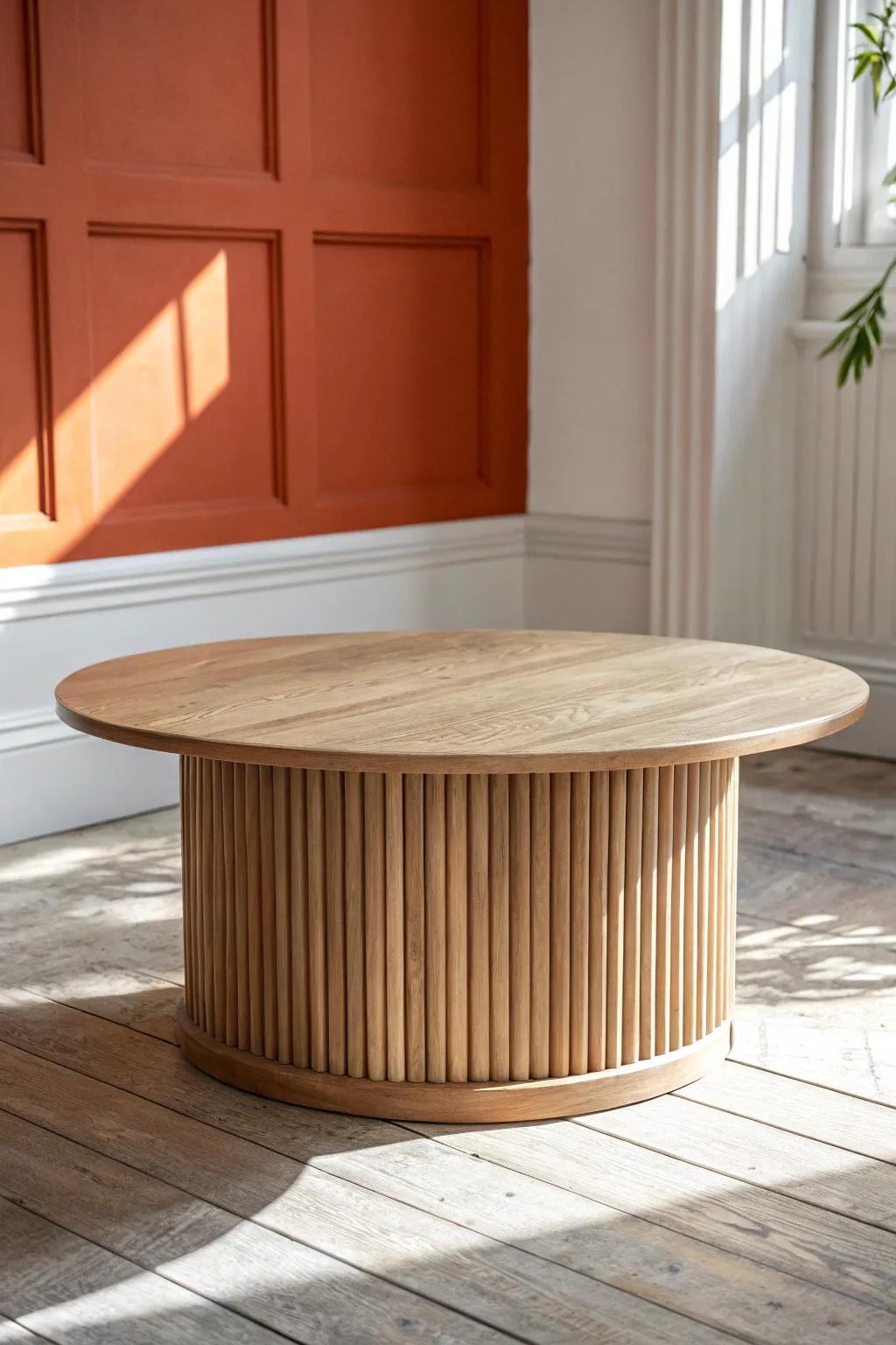 Oval fluted oak coffee table—reeded texture and soft curves that fit narrow spaces beautifully.