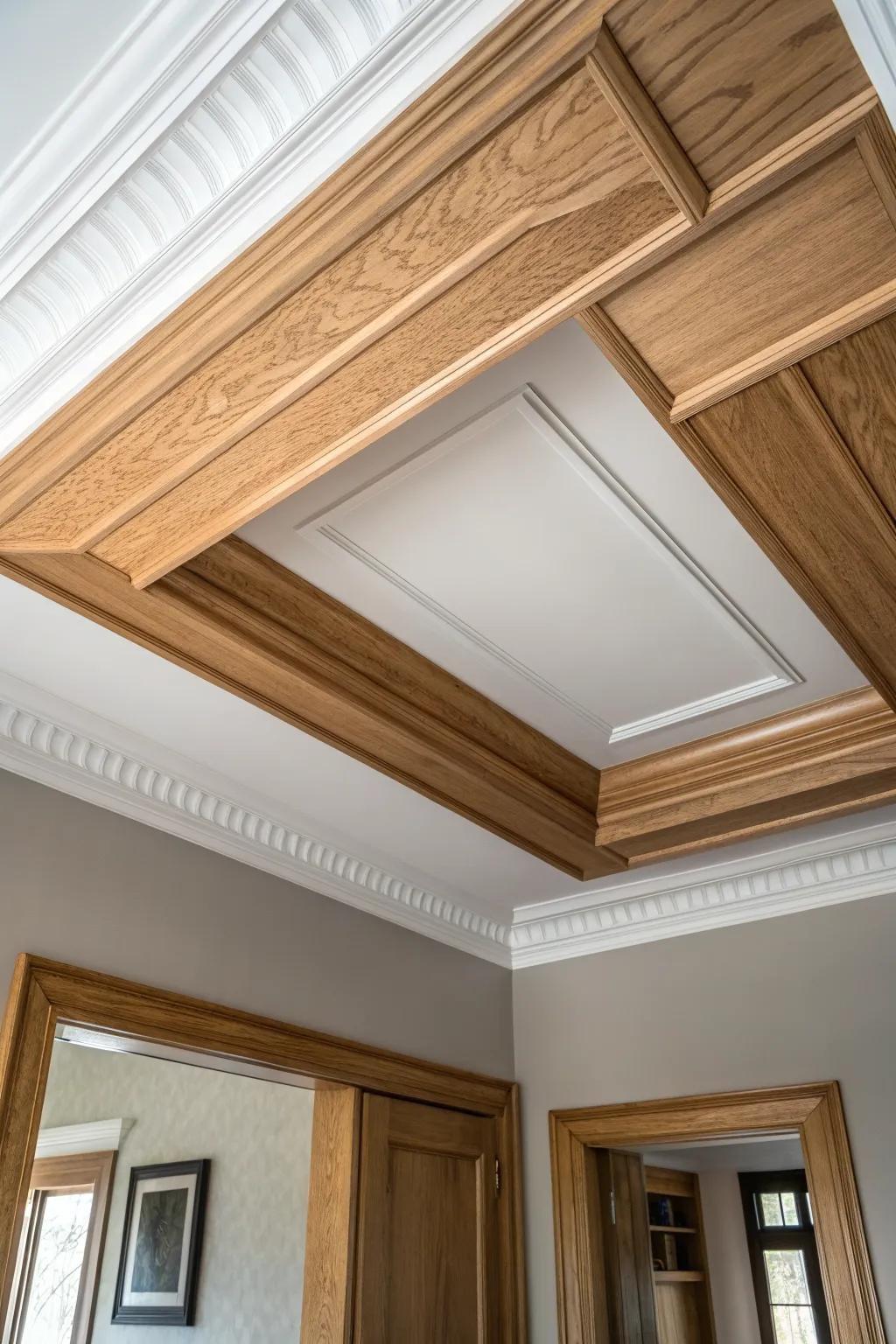 Tray ceiling + oak crown molding: a simple, handcrafted detail that makes the foyer feel taller.