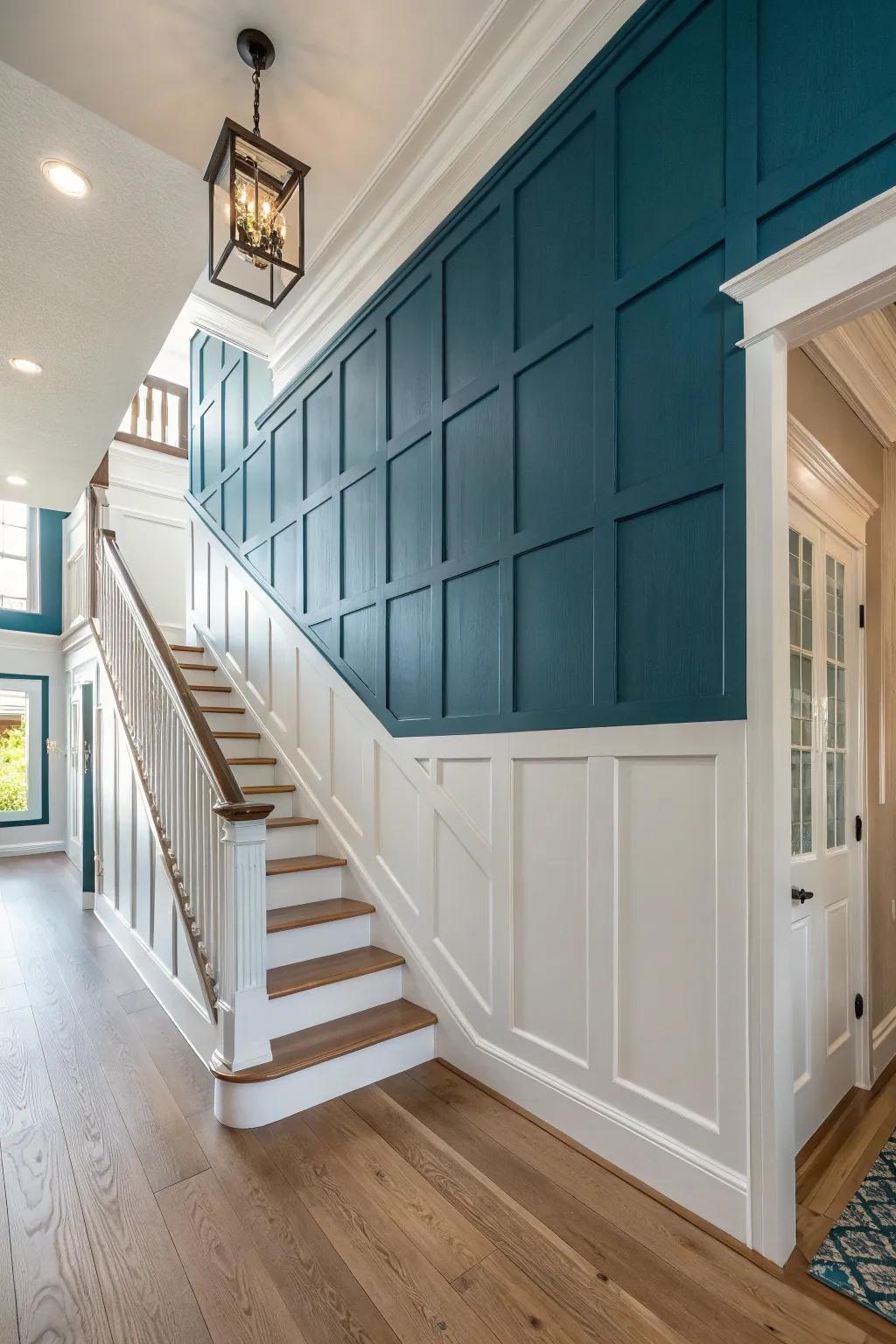 Full-height wood paneling makes a tall foyer feel grand—bold color, crisp shadow lines.