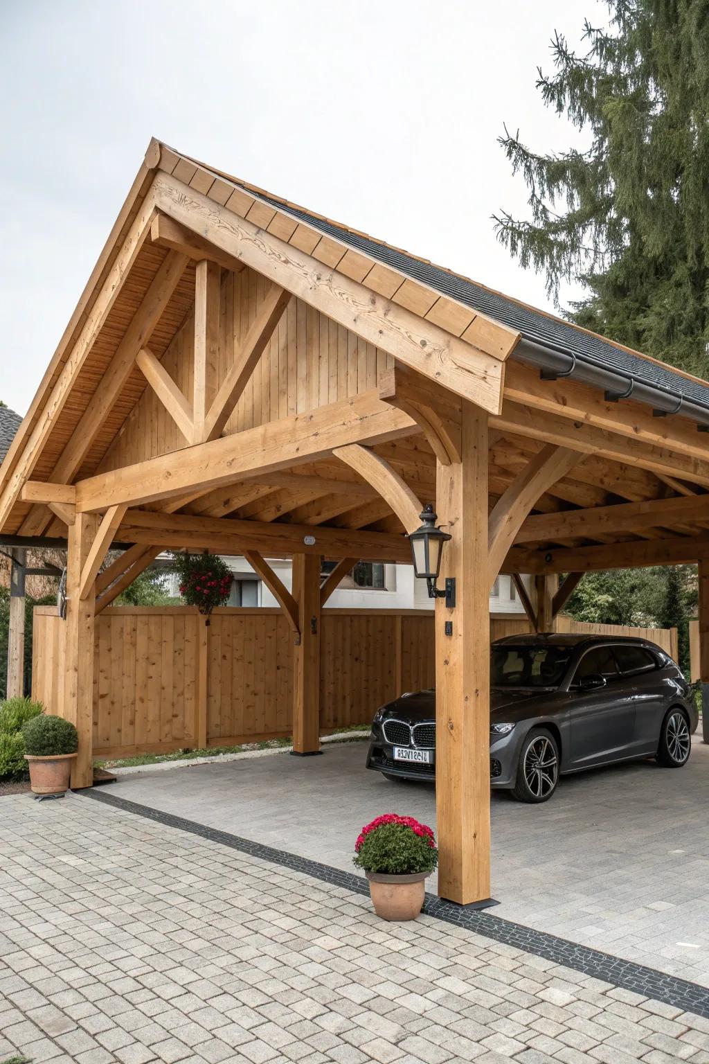 Double-bay carport with a bold center truss—wide, airy parking and pavilion-level style.