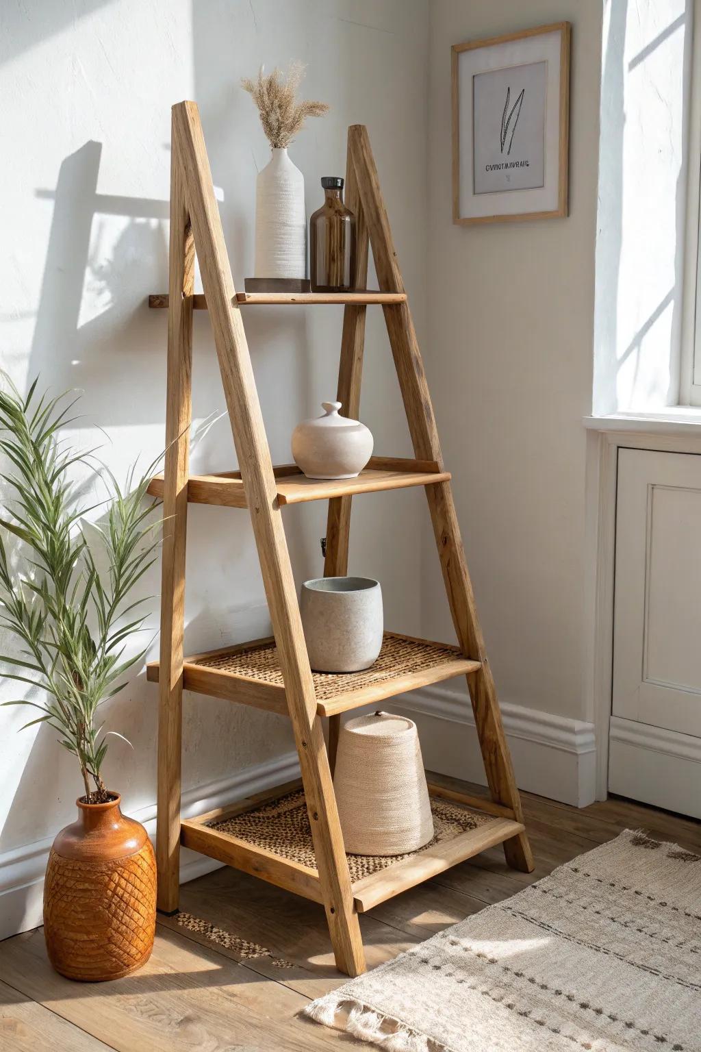 Ladder-style A-frame shelves: deep bottom storage, slim tiers for airy, curated display.