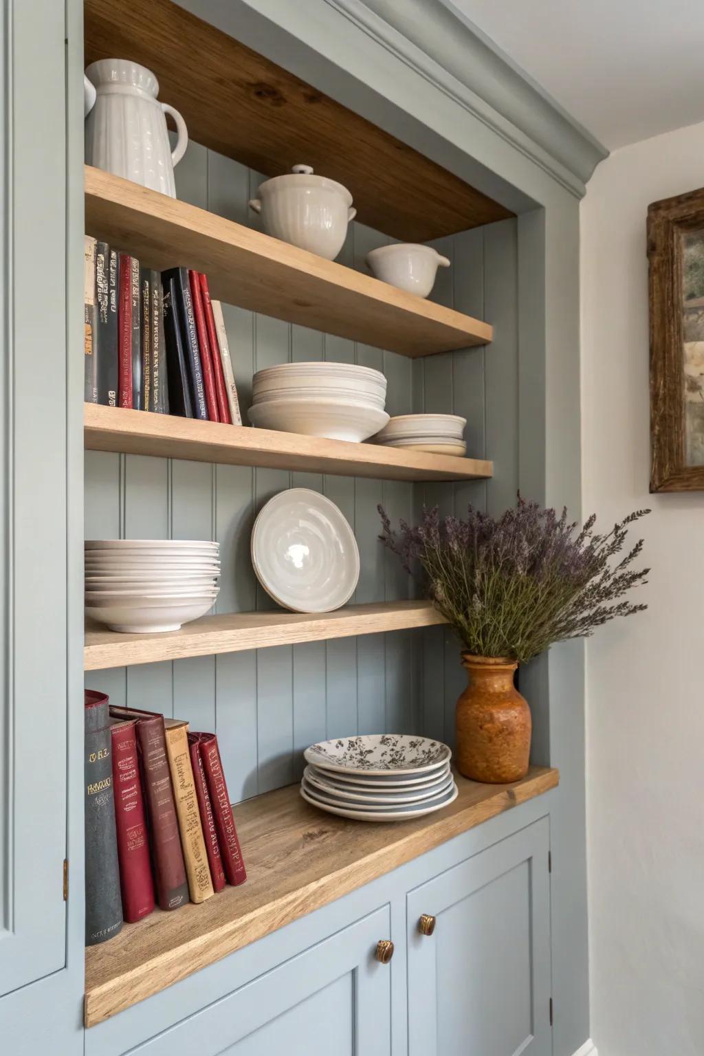 Muted blue-gray built-ins with raw wood shelves—simple, collected French cottage charm.