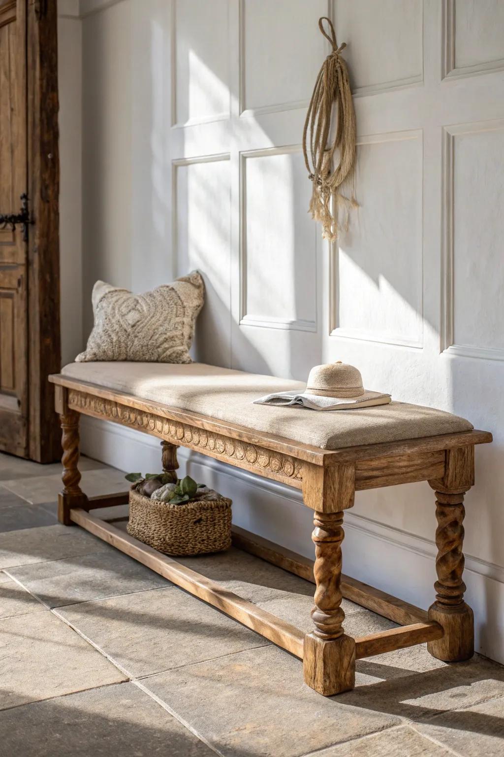 Chunky oak bench with linen cushion—French country charm for a calm, shoe-ready entryway.