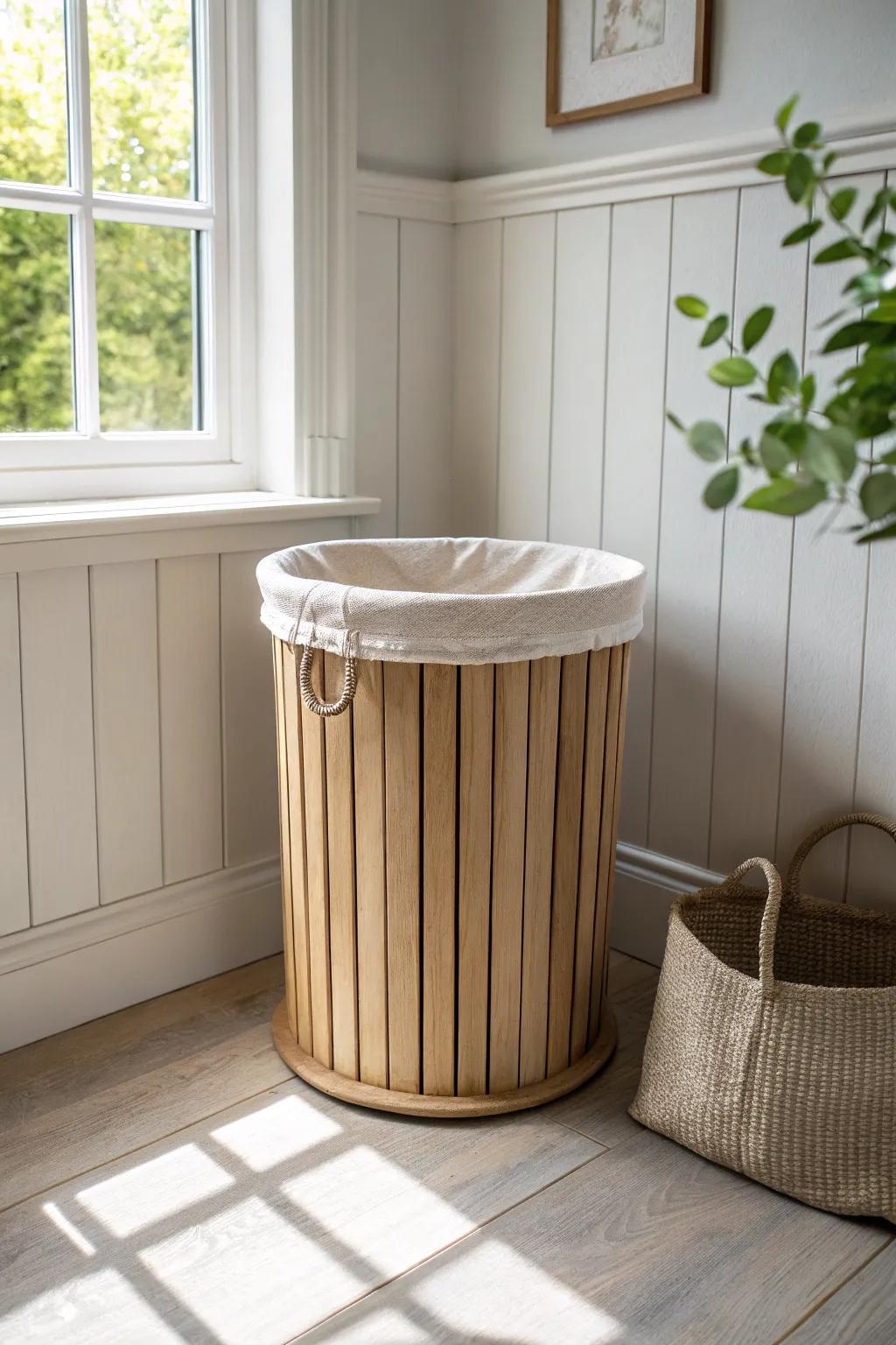Crisp white beadboard wainscoting + a warm oak hamper: instant French country charm.