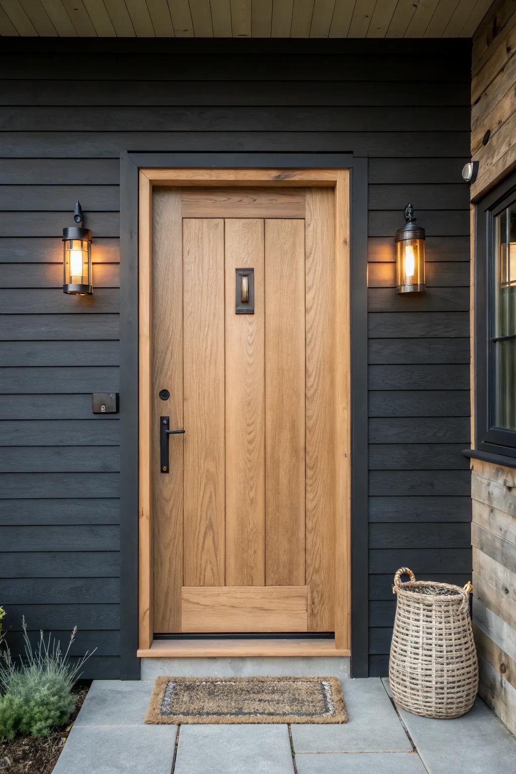 Warm sconces on both sides make an oak front door glow—instant curb appeal after dark.