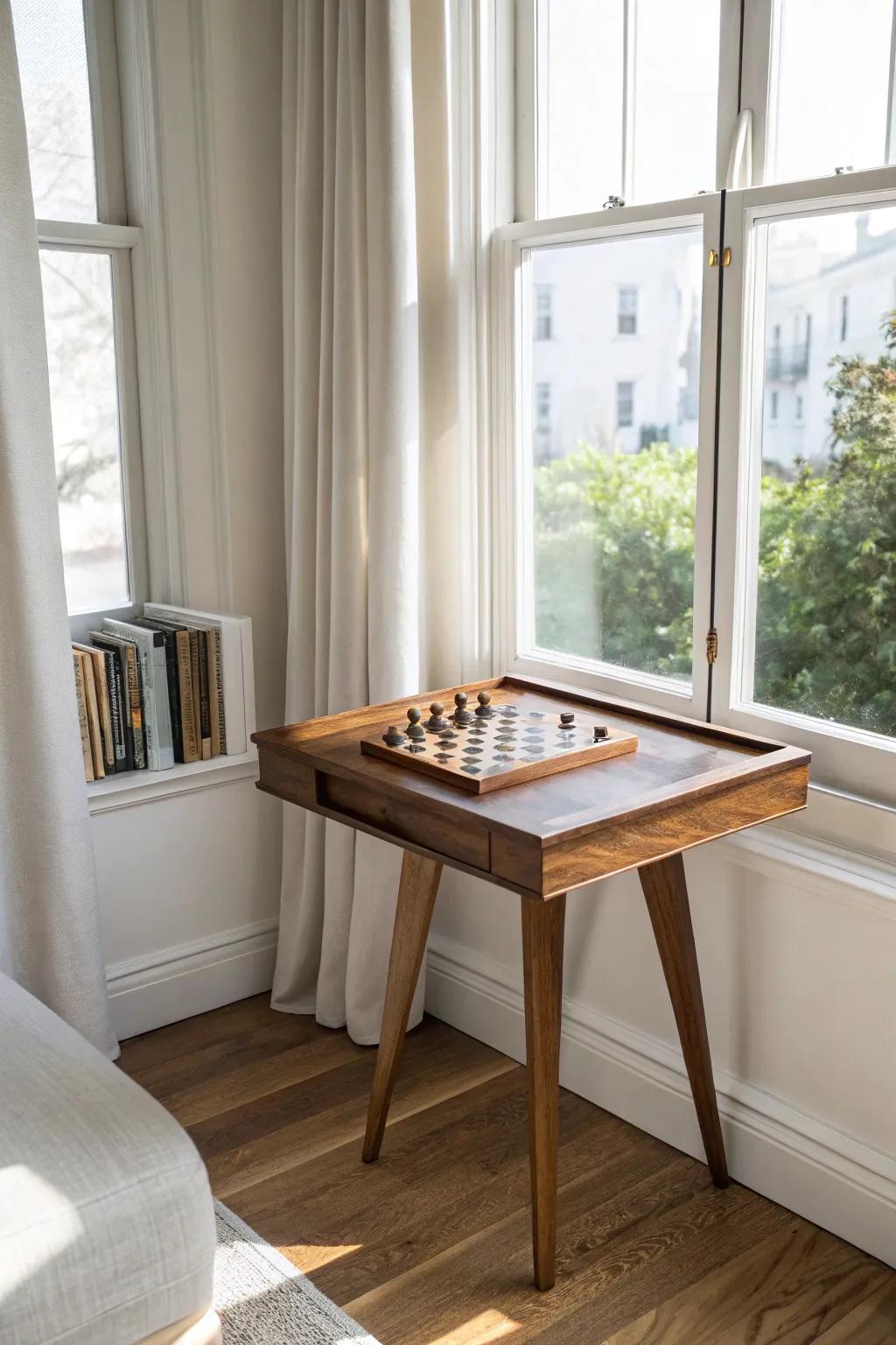 Window-nook game table glow: rich walnut craftsmanship, bold cobalt pop, perfect puzzle light.