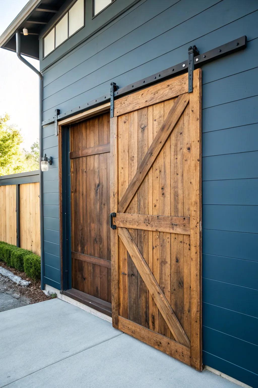 Reclaimed wood patina + matte black hardware—barn door that tells a story on your garage.