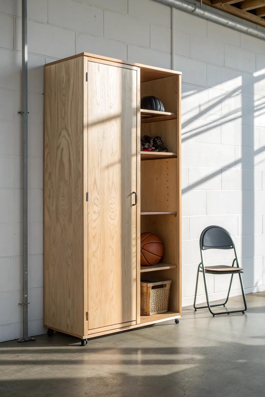 A tall locker cabinet hides bulky gear beautifully—clean lines, adjustable shelves, zero clutter.