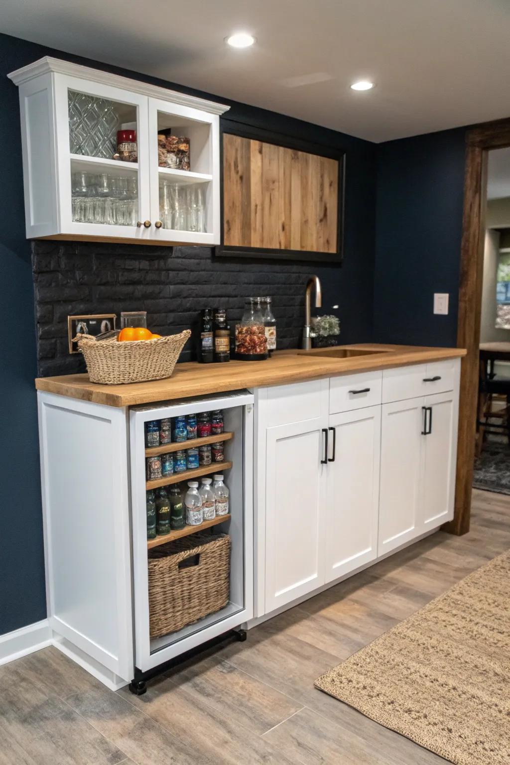 Reclaimed-wood butcher-block bar + black foot rail—an easy built-in that elevates garage hosting.