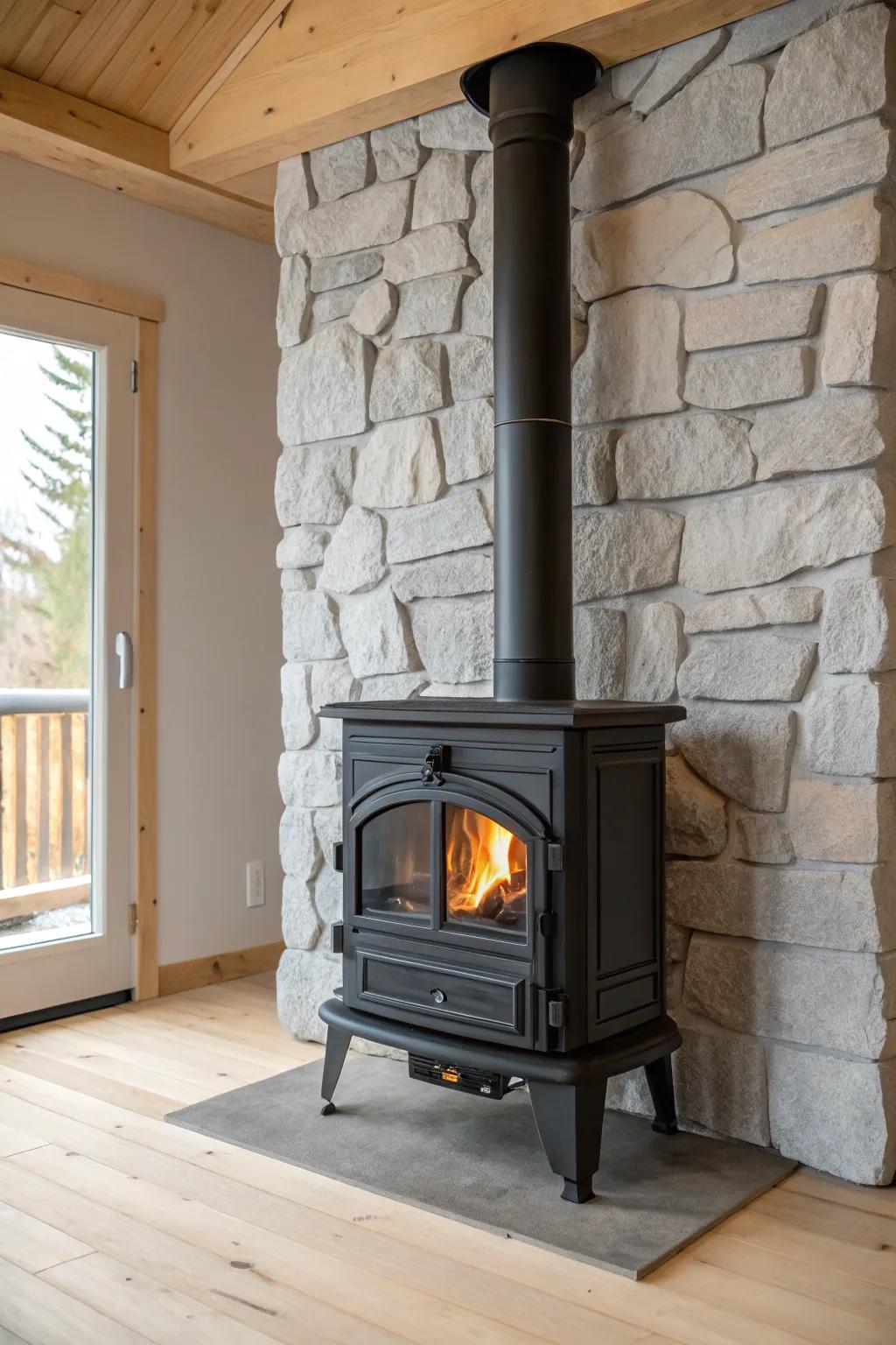 Stone-look wall + matte black wood stove: the easiest way to give a garage instant cabin vibes.