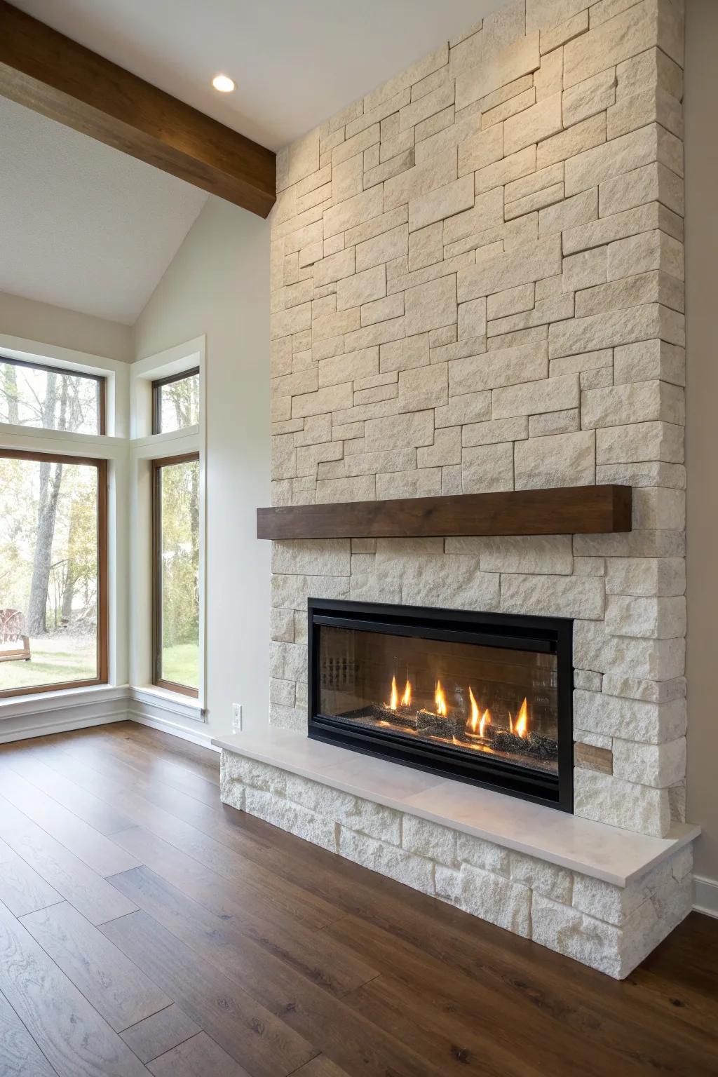 Floor-to-ceiling stone + a clean wood mantel: a gas fireplace that instantly elevates the room.