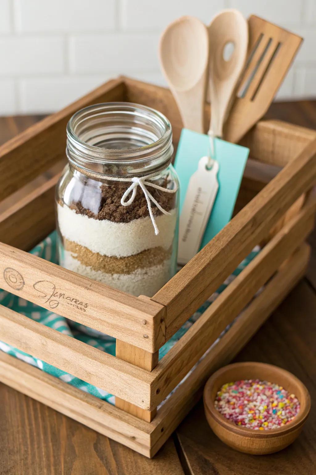 A cozy baking-day wooden crate gift tray with cookie mix, sprinkles, and a handmade pin rest.