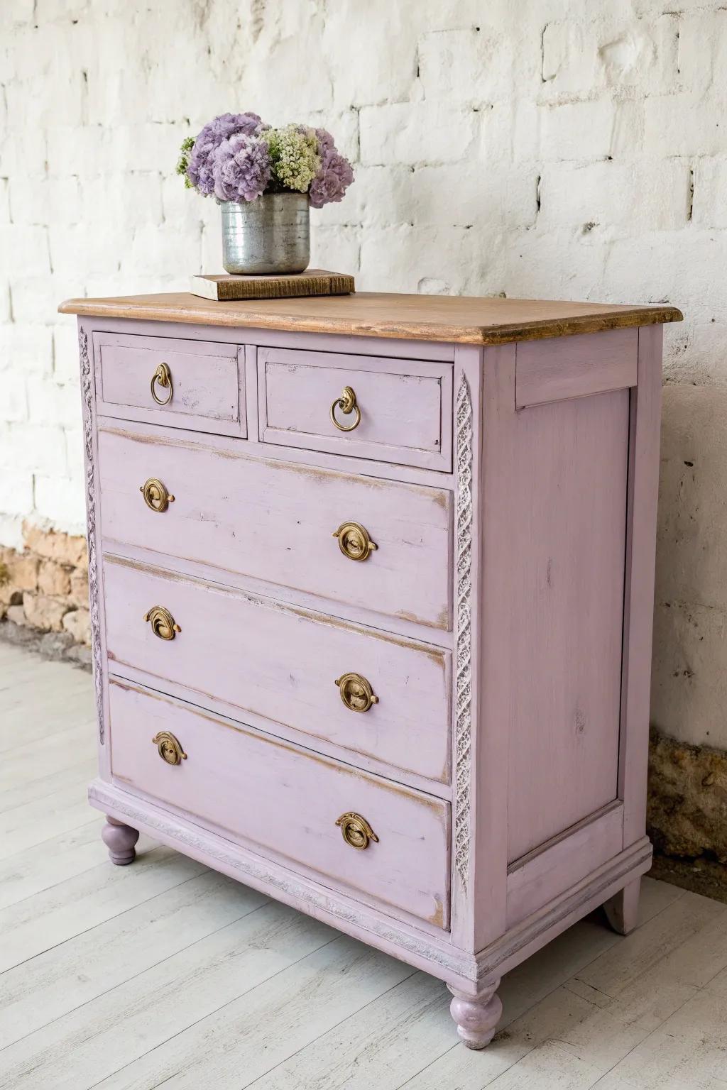 Lavender dresser with softly distressed edges—sweet vintage charm with clean, modern contrast.