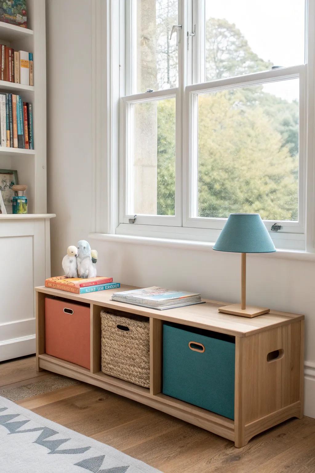 Under-window toy box shelf: low, beautiful, and kid-friendly with bold boho bins.