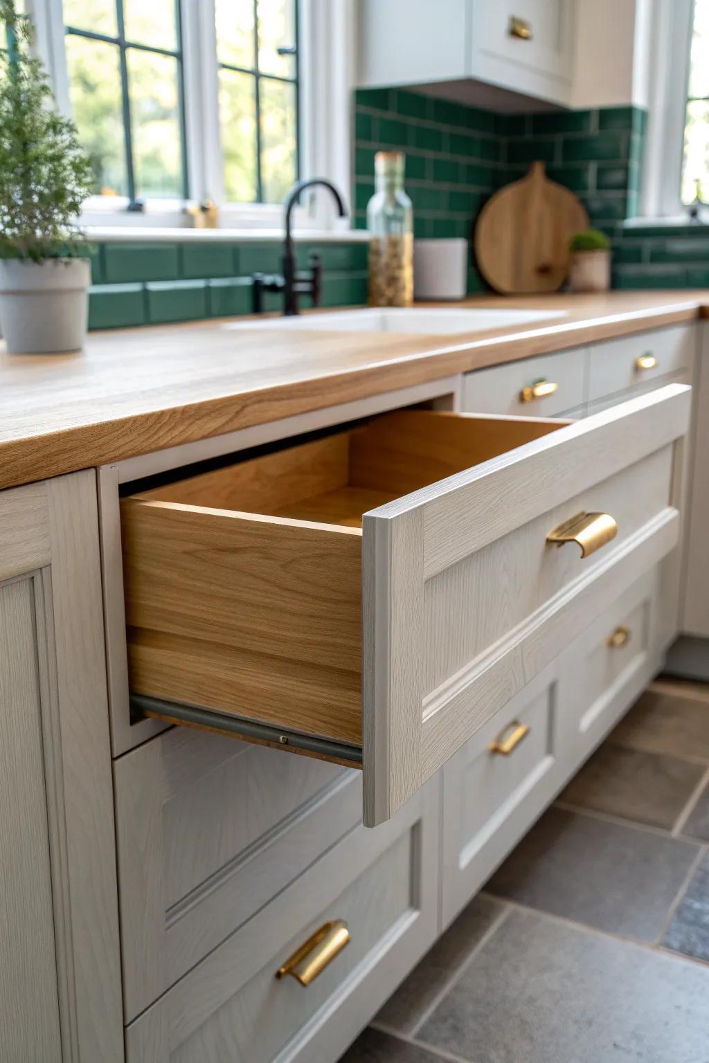 Two-tone magic: warm gray base cabinets with airy uppers—clean contrast, cozy craftsmanship.