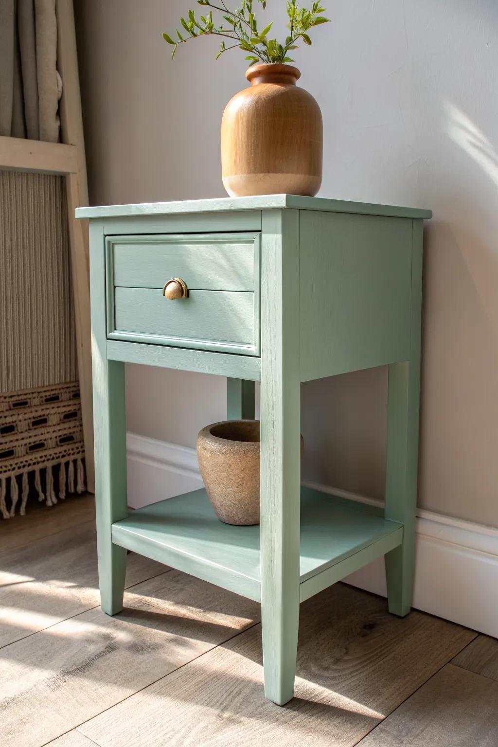 Soft mint-green nightstand with a chalky finish—bright, calm, and beautifully handmade.