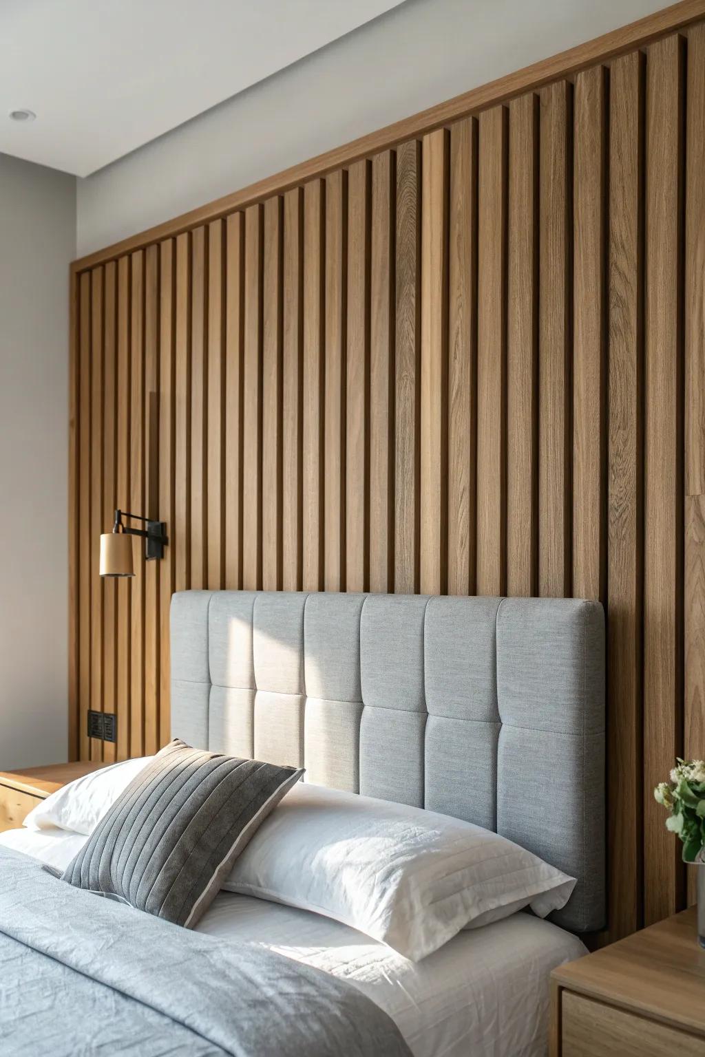Warm oak slat wall + soft grey bed: a timeless, height-boosting combo with cozy contrast.