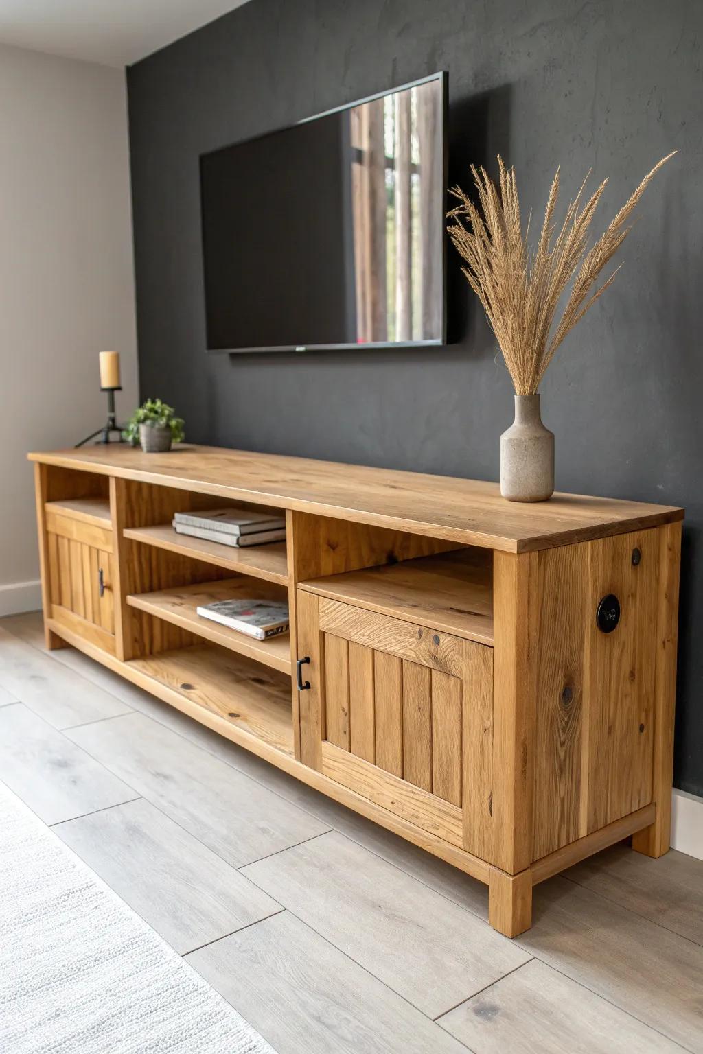 Charcoal wall drama meets knotty reclaimed wood—minimal, cozy, and craft-forward.