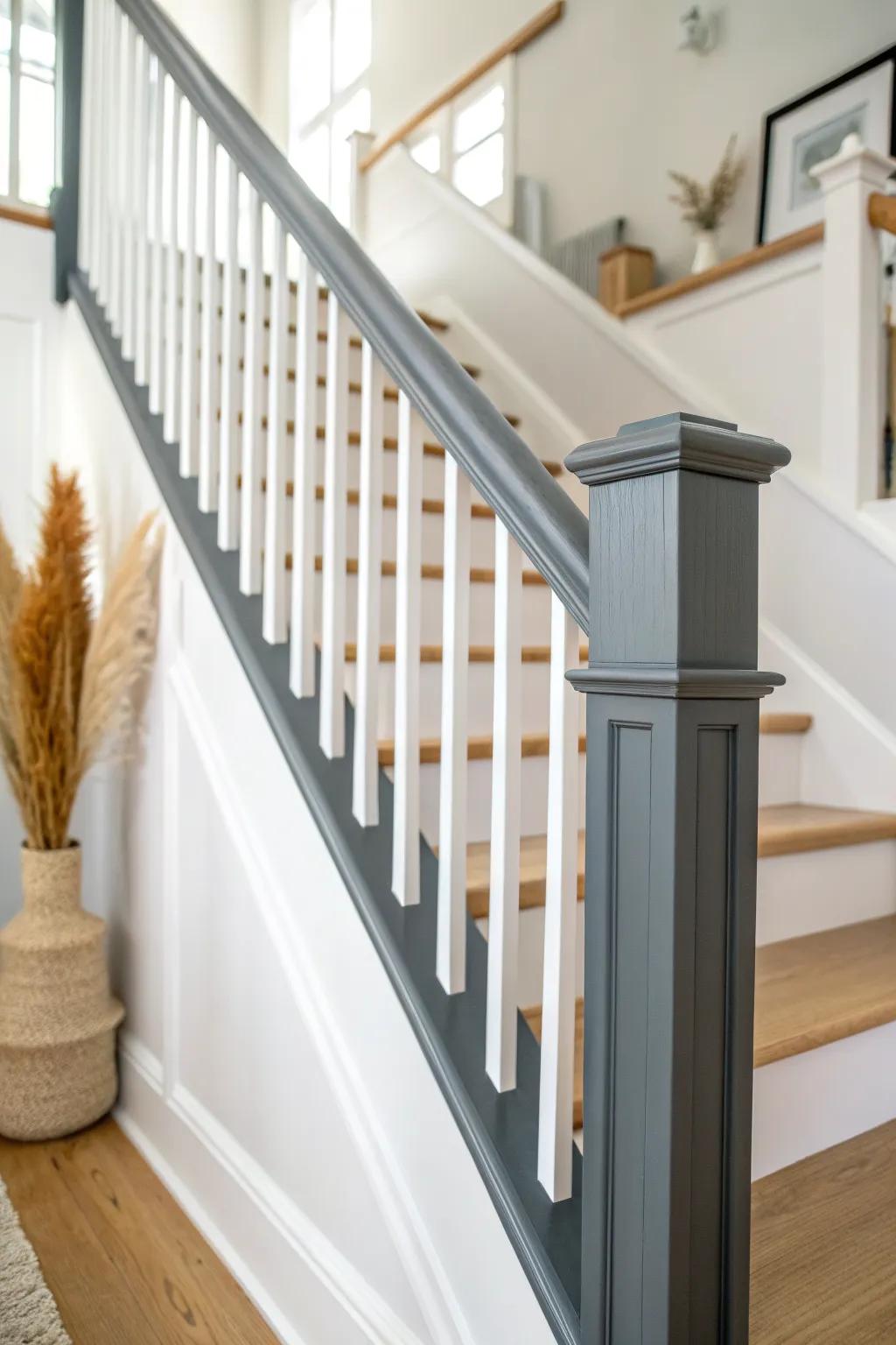 Crisp white square balusters make a charcoal‑gray rail feel modern, bold, and handcrafted.