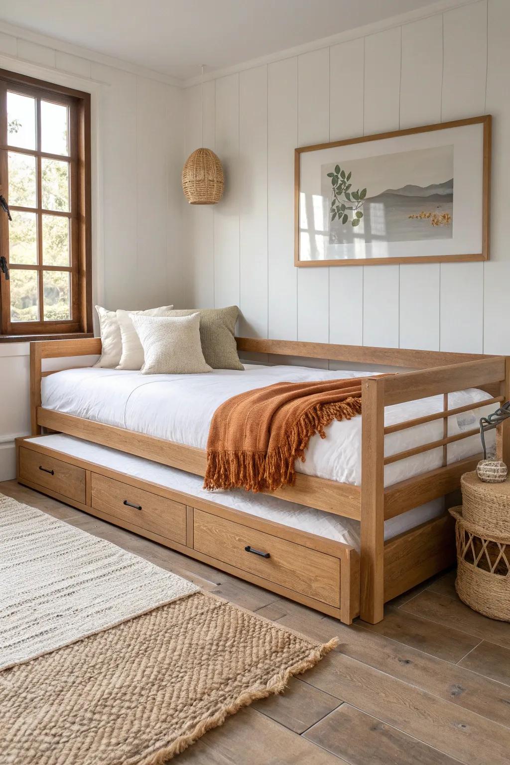 A trundle daybed that sleeps two—matching linens keep the guest room calm and cohesive.