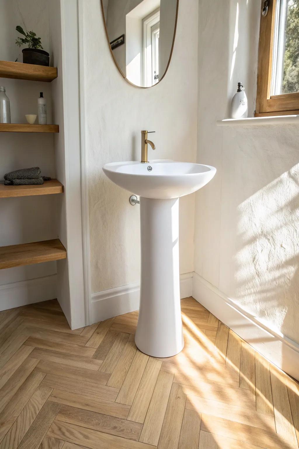 A pedestal sink keeps a tiny half bath feeling open—pair it with warm wood for contrast.