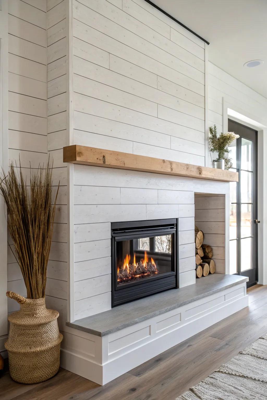Shiplap-wrapped half wall fireplace with a sleek oak mantel—minimal, warm, and wide-feeling.
