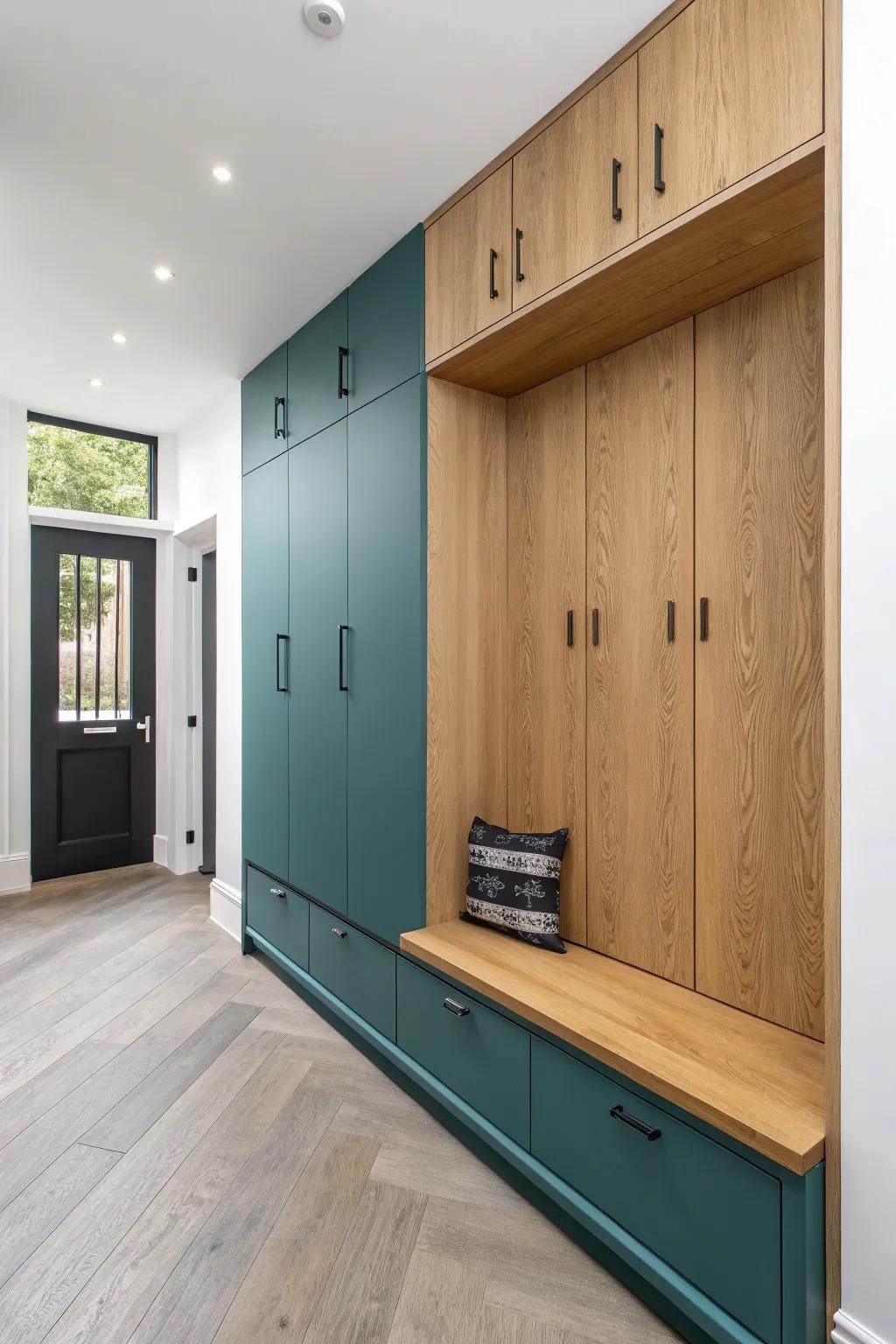 Floor-to-ceiling upper cabinets over a bench nook—sleek storage that vanishes at the ceiling.