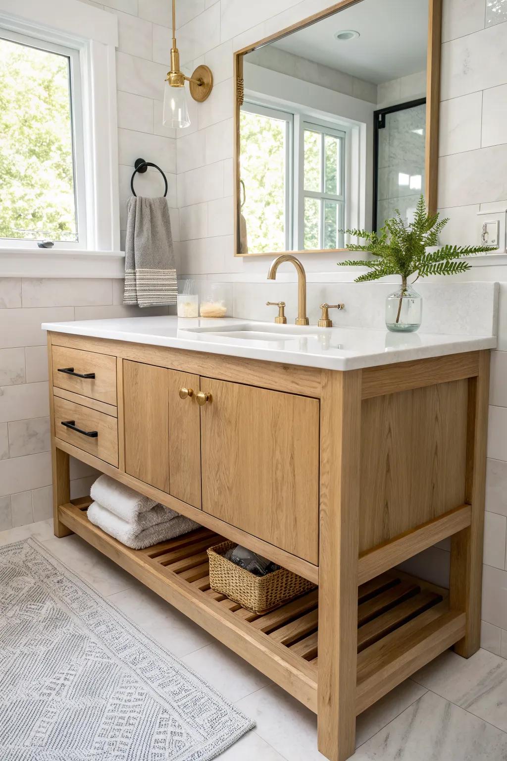 Split-height vanity with a wooden waterfall edge—accessible comfort with Scandinavian style.