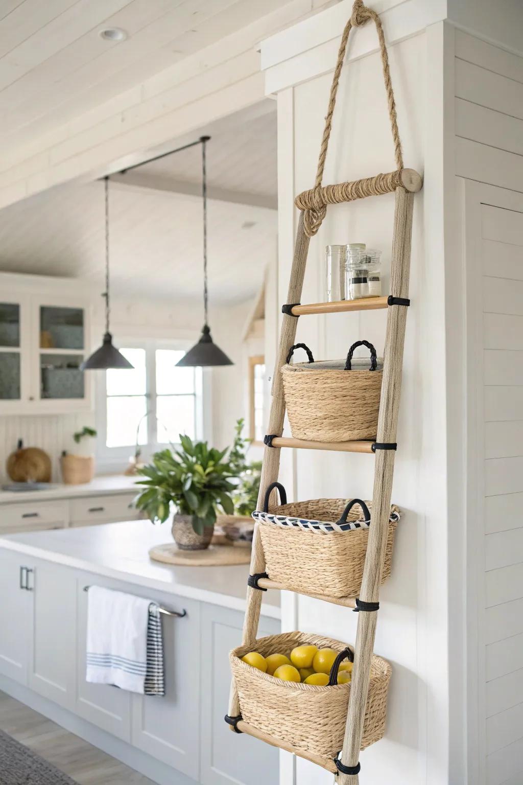 A hanging oak ladder with matching woven baskets keeps island counters clear and stylish.