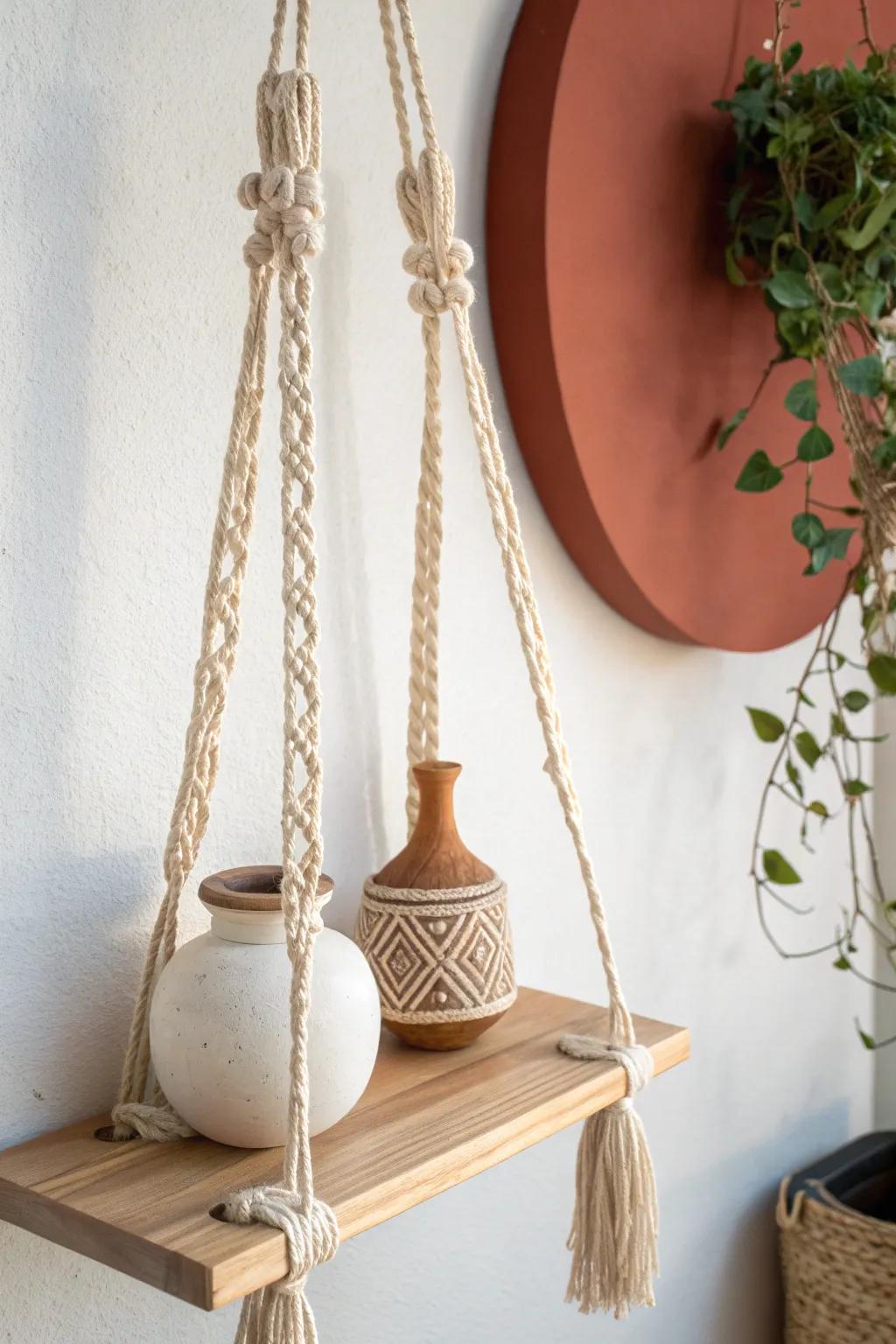 Macramé knots + a simple oak plank—soft texture meets bold, minimal Scandinavian style.
