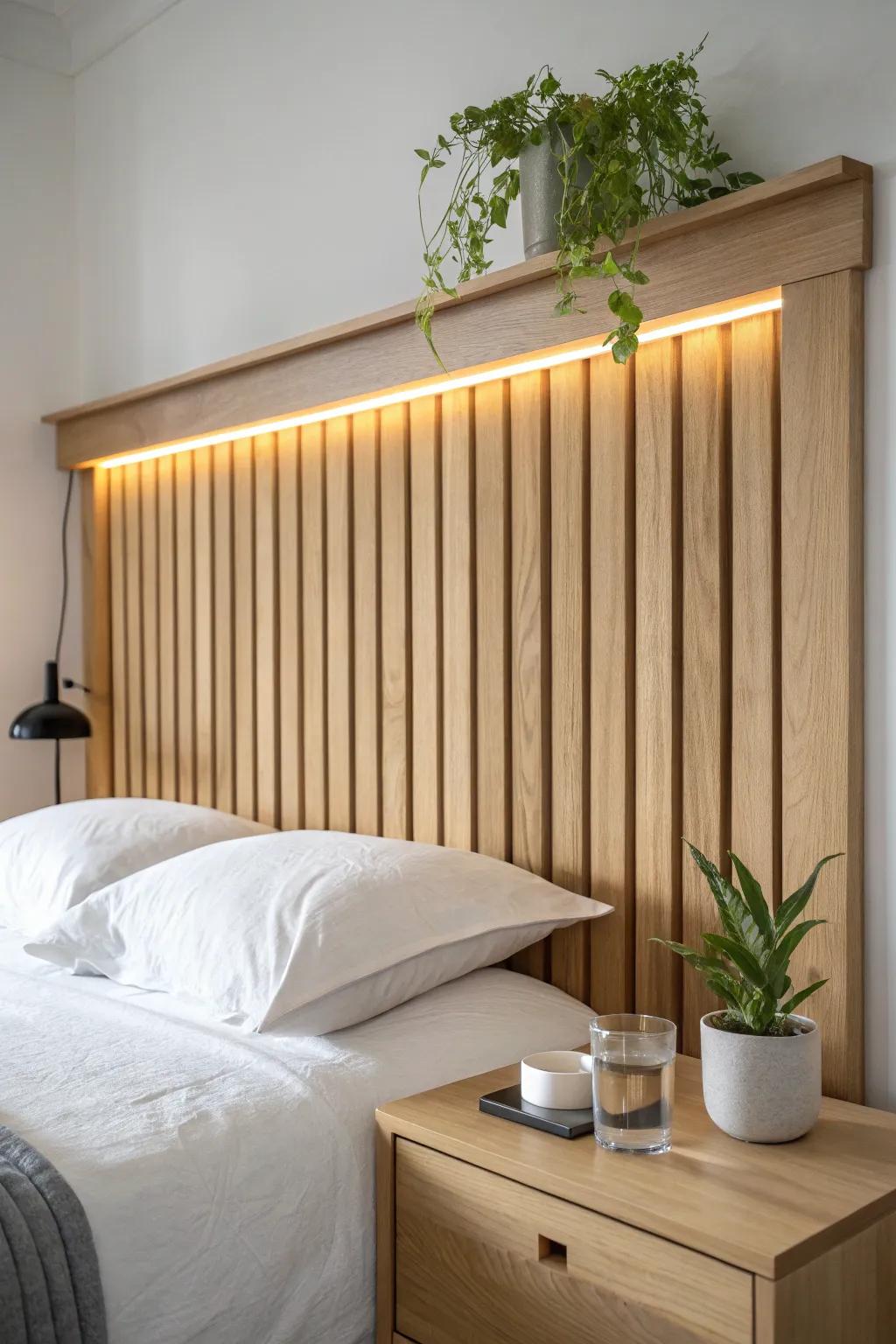 Slim headboard ledge with hidden warm under-glow for a cozy, craft-forward bedtime vibe.