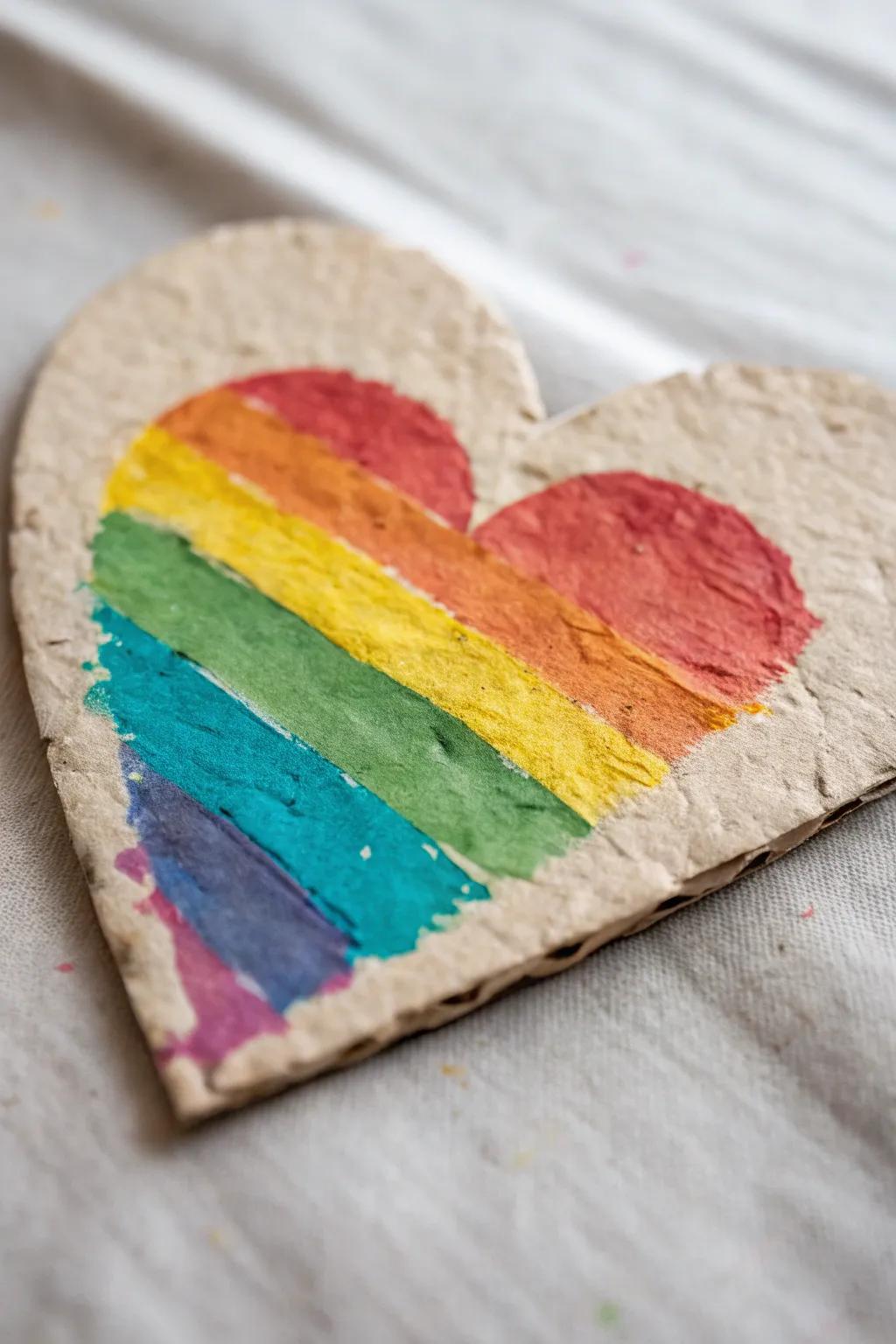 Embrace the joy of creativity with a burst of rainbow hues on a handcrafted heart.
