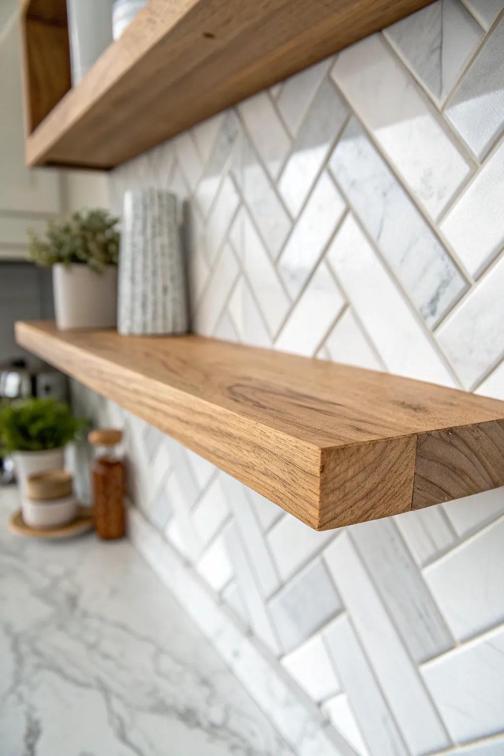 Warm oak shelf meets marble-look herringbone—classic elegance with cozy Scandinavian calm.