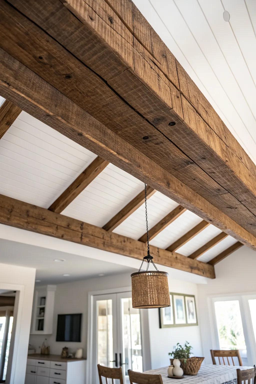 A single reclaimed wood beam adds warmth and scale to a lofty, minimalist dining room.