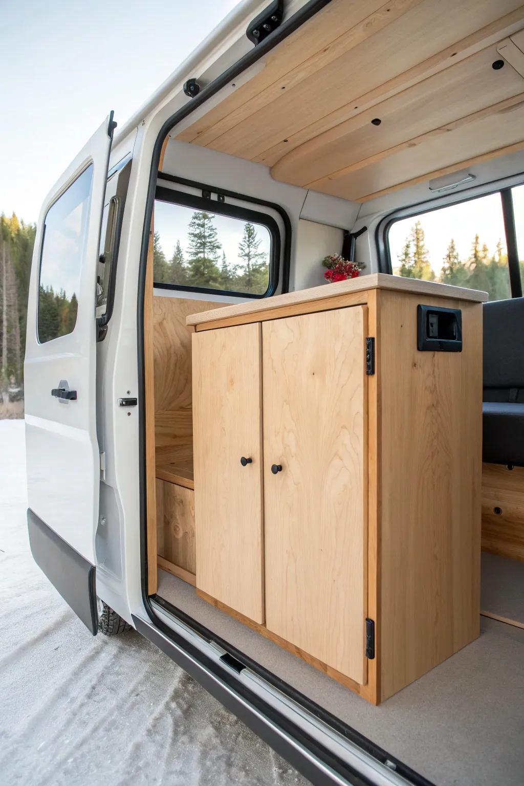 Simple plywood galley cabinets with handmade pulls—clean lines, warm grain, van-ready.