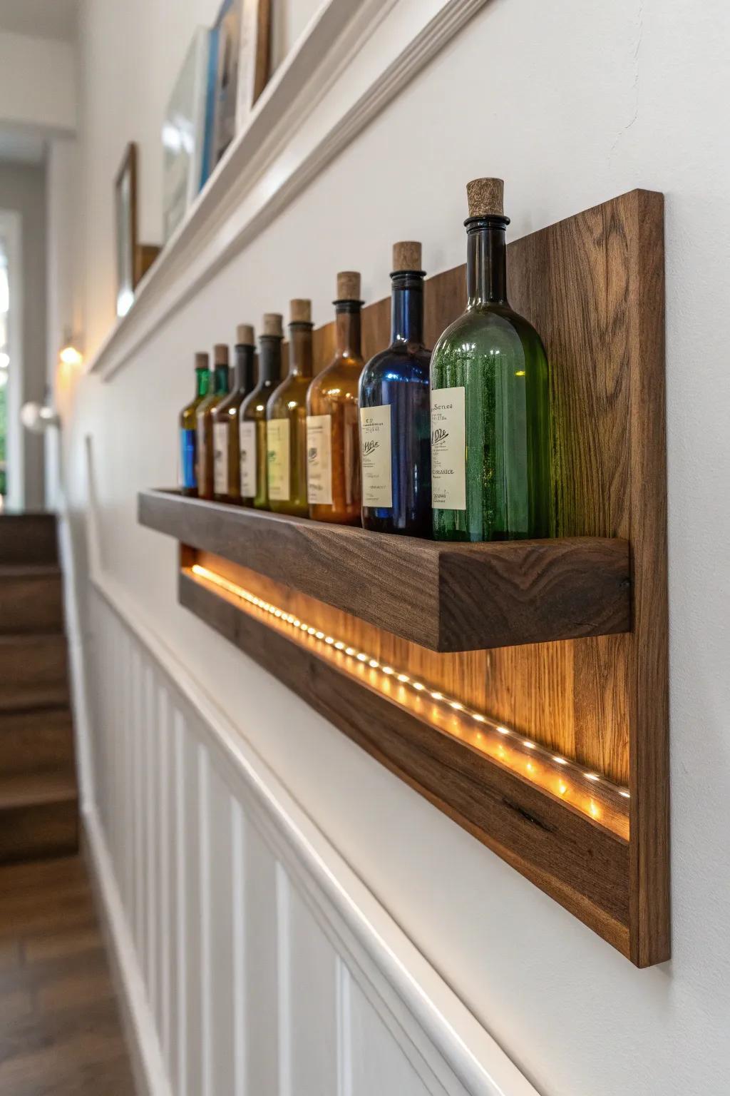 Warm LED-lit walnut shelf turns a simple bottle display into a cozy, glowing back bar moment.