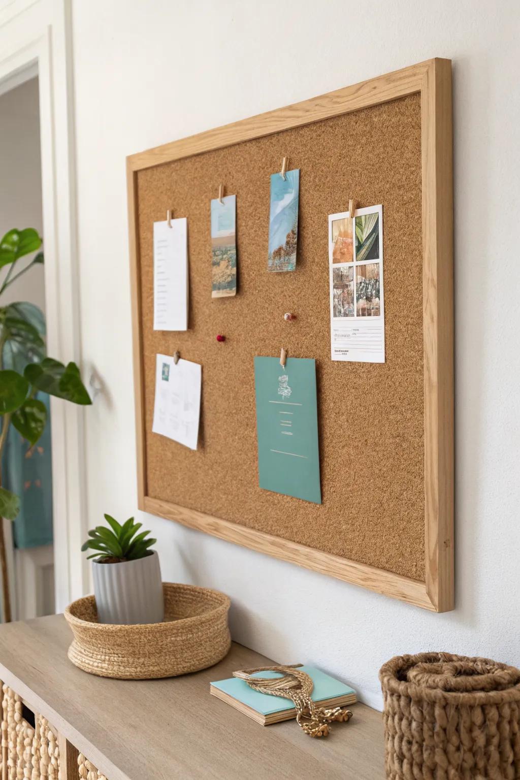 A framed cork board keeps weekly priorities visible—simple, warm, and beautifully organized.