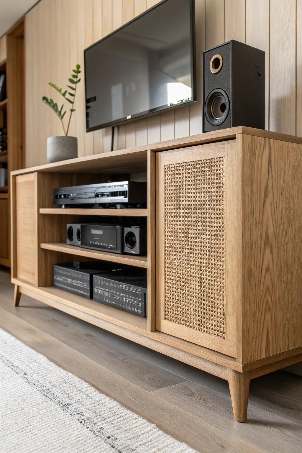 A clean center niche keeps your soundbar and AV gear visible, ventilated, and easy to access.