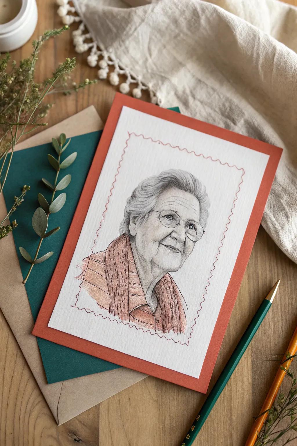 Capture cherished memories with a hand-drawn portrait card for grandma, blending minimalist elegance with a bold boho flair.