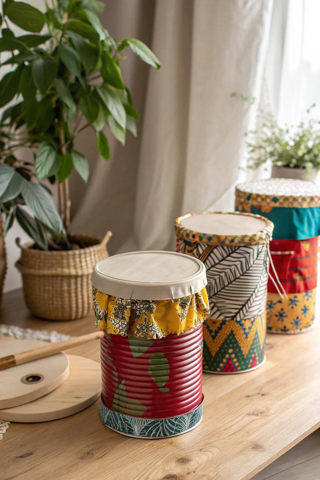 Unleash creativity with these charming homemade tin can drums, a perfect blend of vibrancy and simplicity!