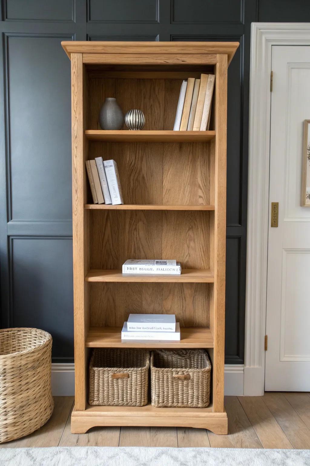 A dedicated homeschool bookcase: calm dining room, upright workbooks, beautiful wood details.