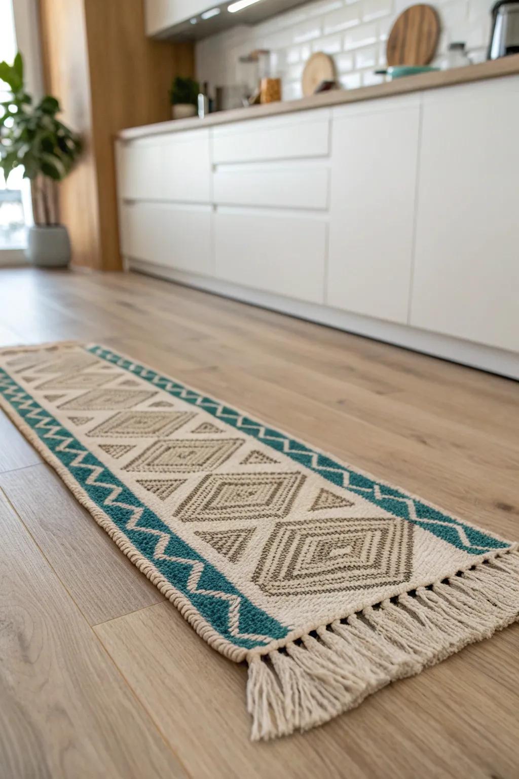 A bold boho runner on pale oak floors—instant warmth and cushion for sink-side moments.