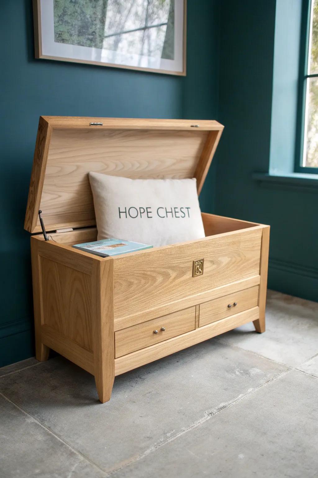 Minimal oak hope chest with sleek built-in drawers—luxury storage for letters and linens.
